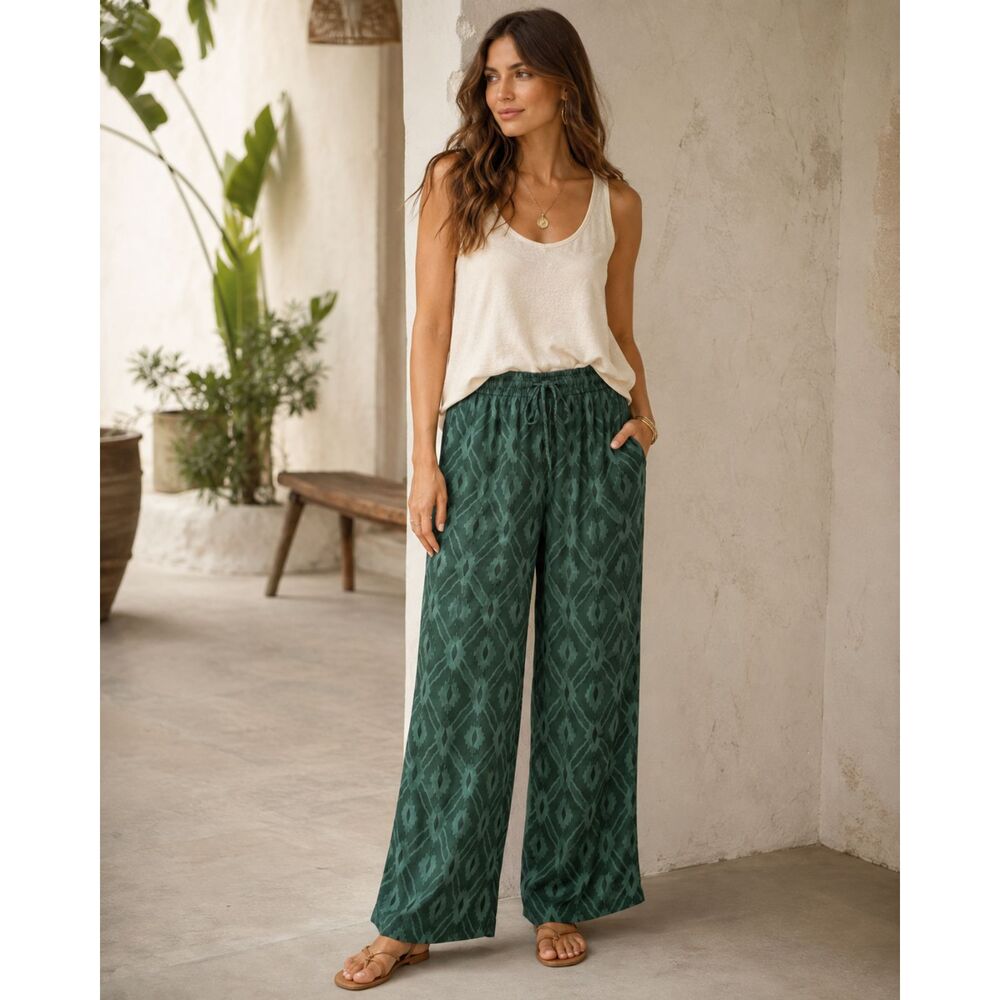 By Coco Italy Green Silk Blend Ikat Wide Leg Pull On Pants Size M Boho
